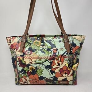 SAKROOTS Artist Circle Tote Bag Purse Handbag Zippered Coated Canvas Floral Boho